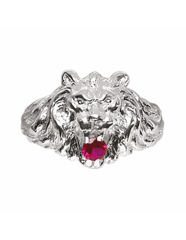 Bague lion argent avec une pierre rouge